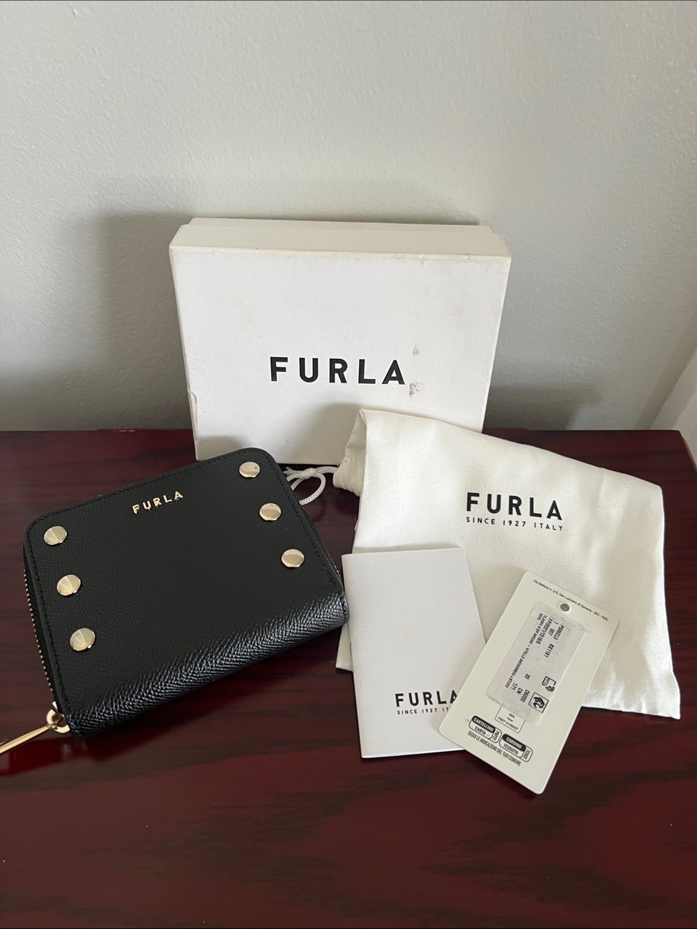 Furla Vitello Andromeda Zip Wallet with Gold Stud Accents